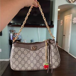 Gucci Beige and Brown Shoulder Bag with Gold Chain